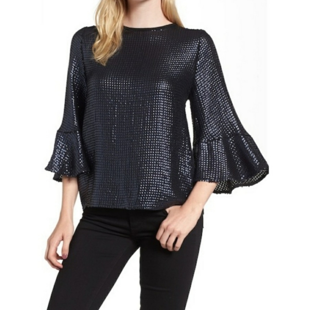 Trouve Fully Sequin Bell Sleeve Blouse Top XL